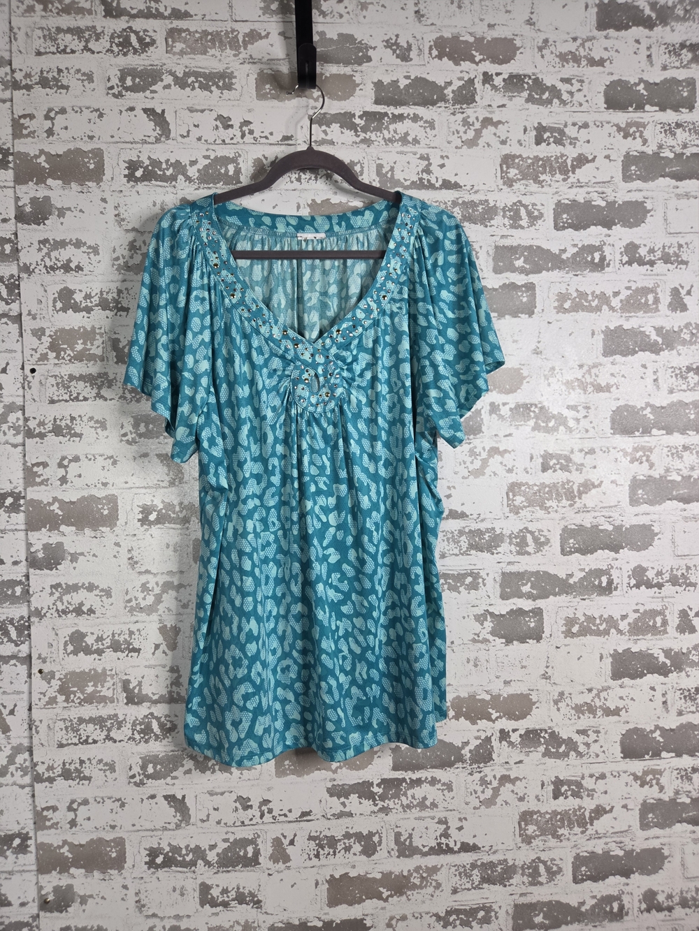 Turquoise Textured Leopard Print Embellished Boho Blouse 2XL